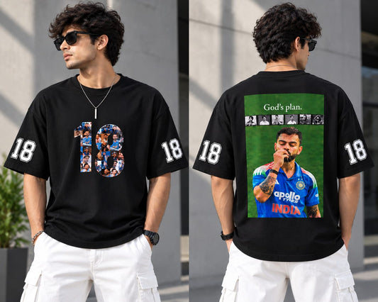King Kohli "18" Oversized Black  premium Tee – God's Plan Edition
